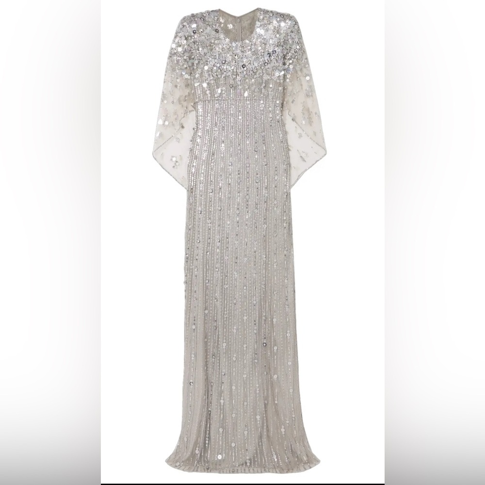 JENNY PACKHAM Nettie Cape-Effect Sequined Tulle Gown - Silver